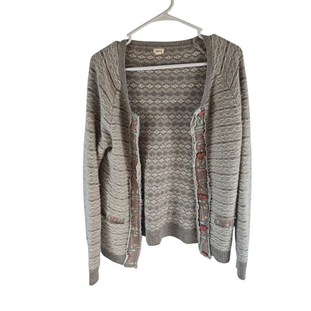 Aerie Grey Fair Isle Cardigan Rabbit Hair Wool Blend Heart Buttons Large